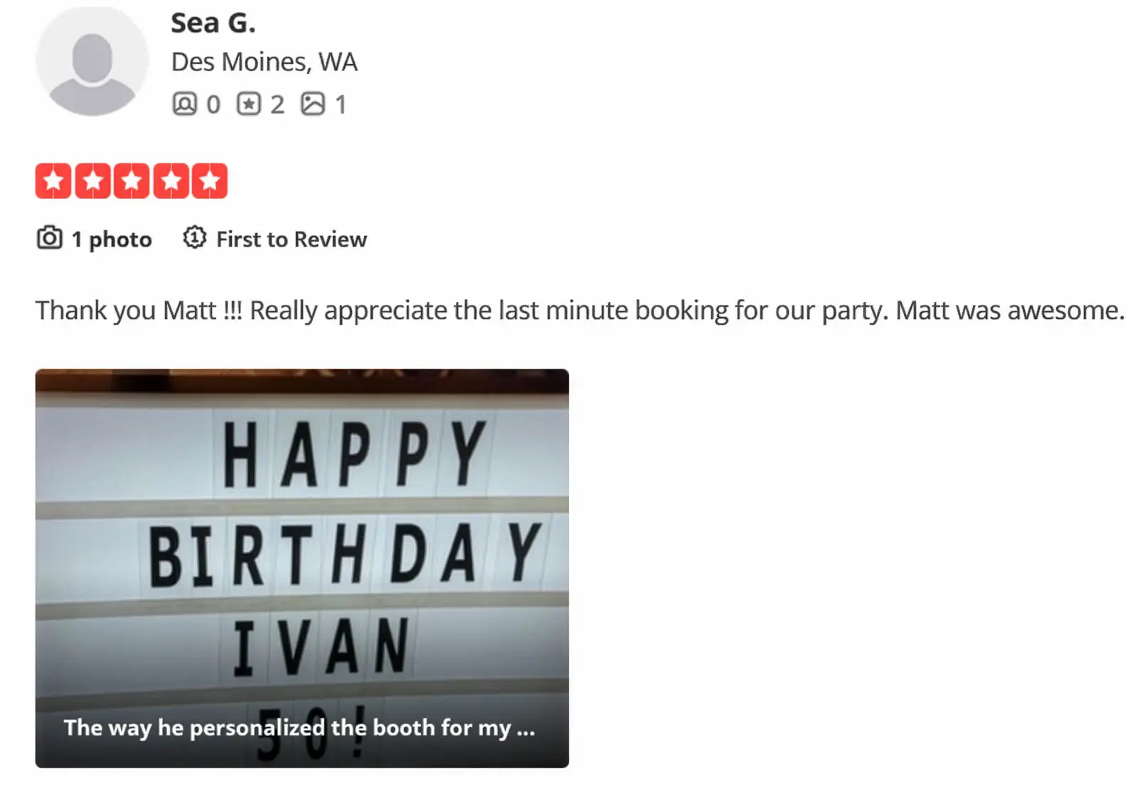 5-star client review for Pebble Photo Booths