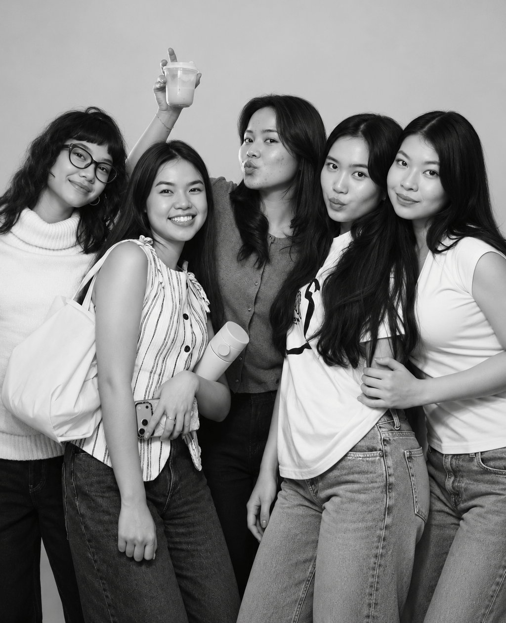 Group black and white glam photo booth portrait by Pebble Photo Booths