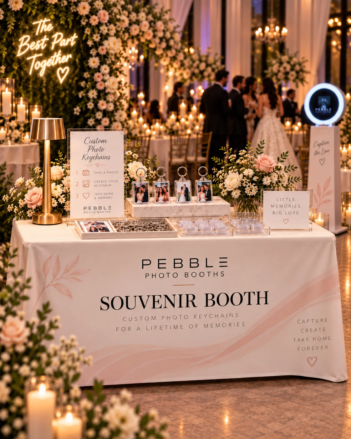 Souvenir photo booth rental with custom photo keychains for weddings in Portland and Vancouver Washington