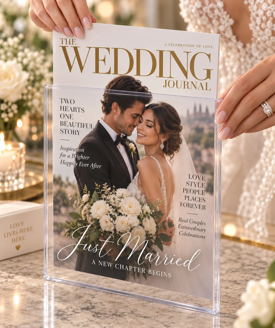 Magazine Cover Photo Booth print being placed into a rigid protective sleeve