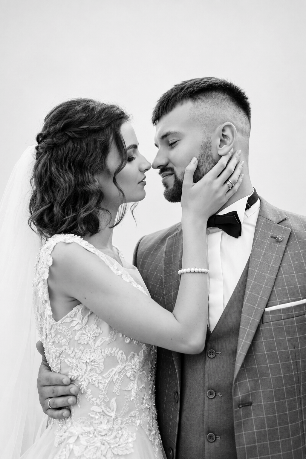 Bride and groom black and white glam photo booth portrait by Pebble Photo Booths