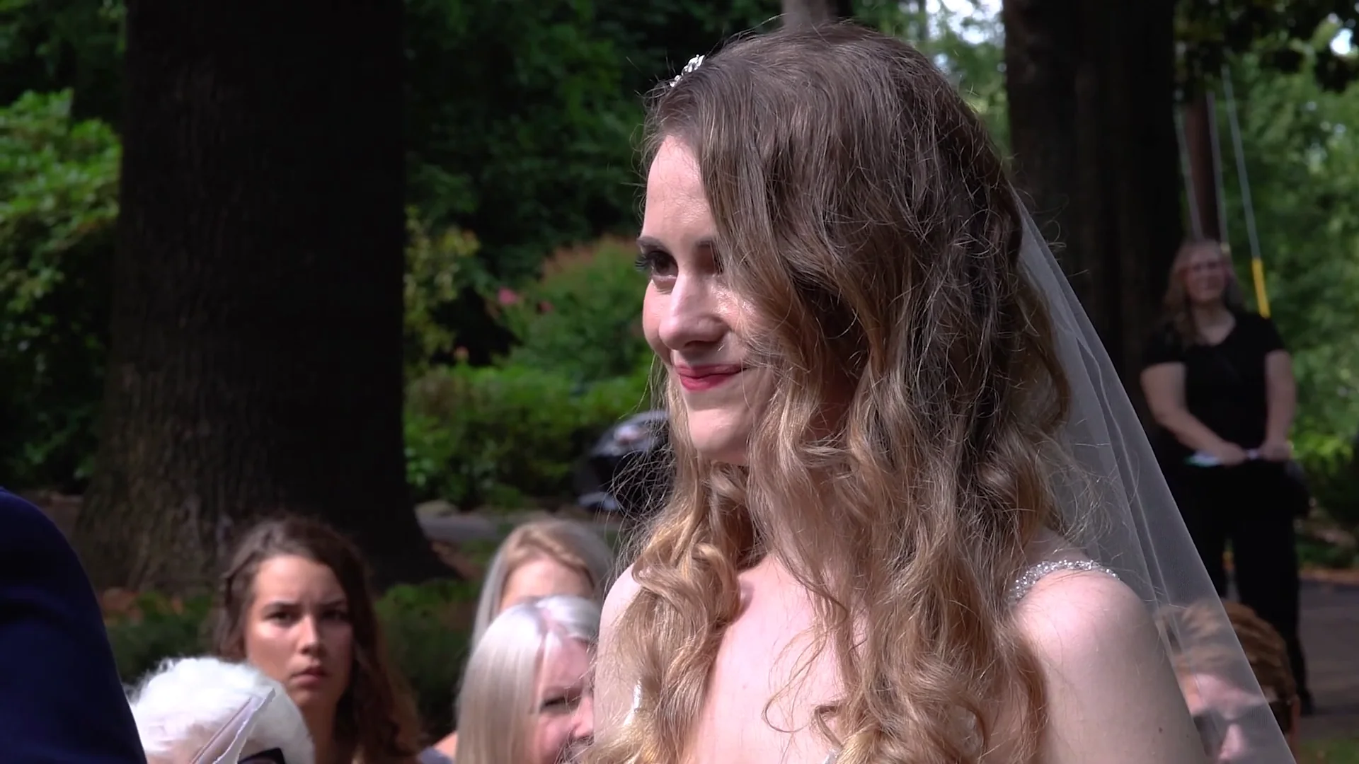Video still of the bride during her wedding vows at McLean House